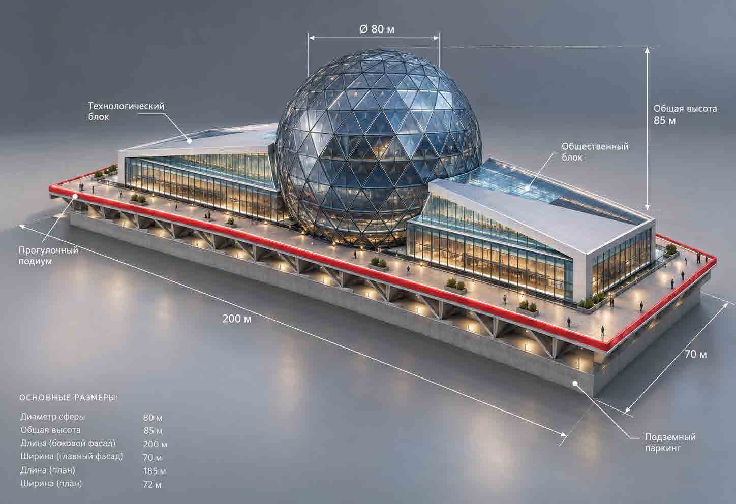 Объёмная модель ORLEU Sphere с основными размерами
